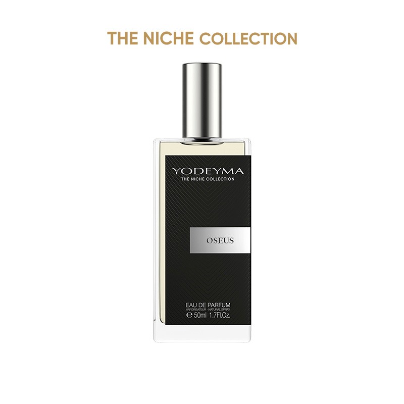 Frasco de perfume Yodeyma The Niche Collection Oseus com rótulo preto e tampa prateada