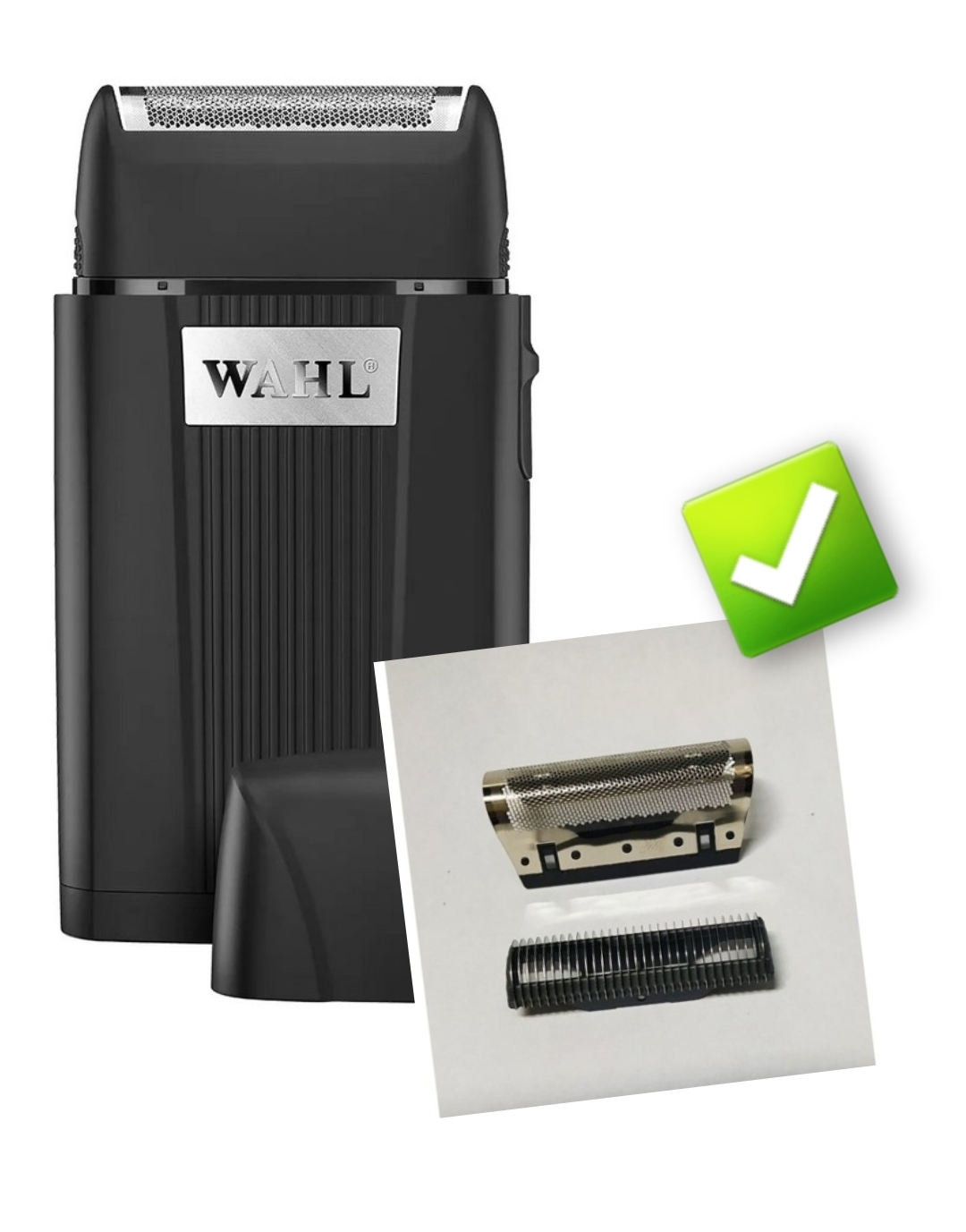 Aparelho de barbear elétrico preto WAHL com peças de reposição e selo verde.