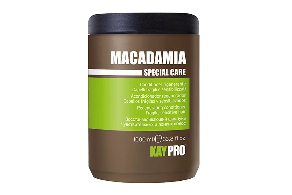 Condicionador KAY PRO Macadamia Special Care em frasco castanho com tampa preta e rótulo verde e branco