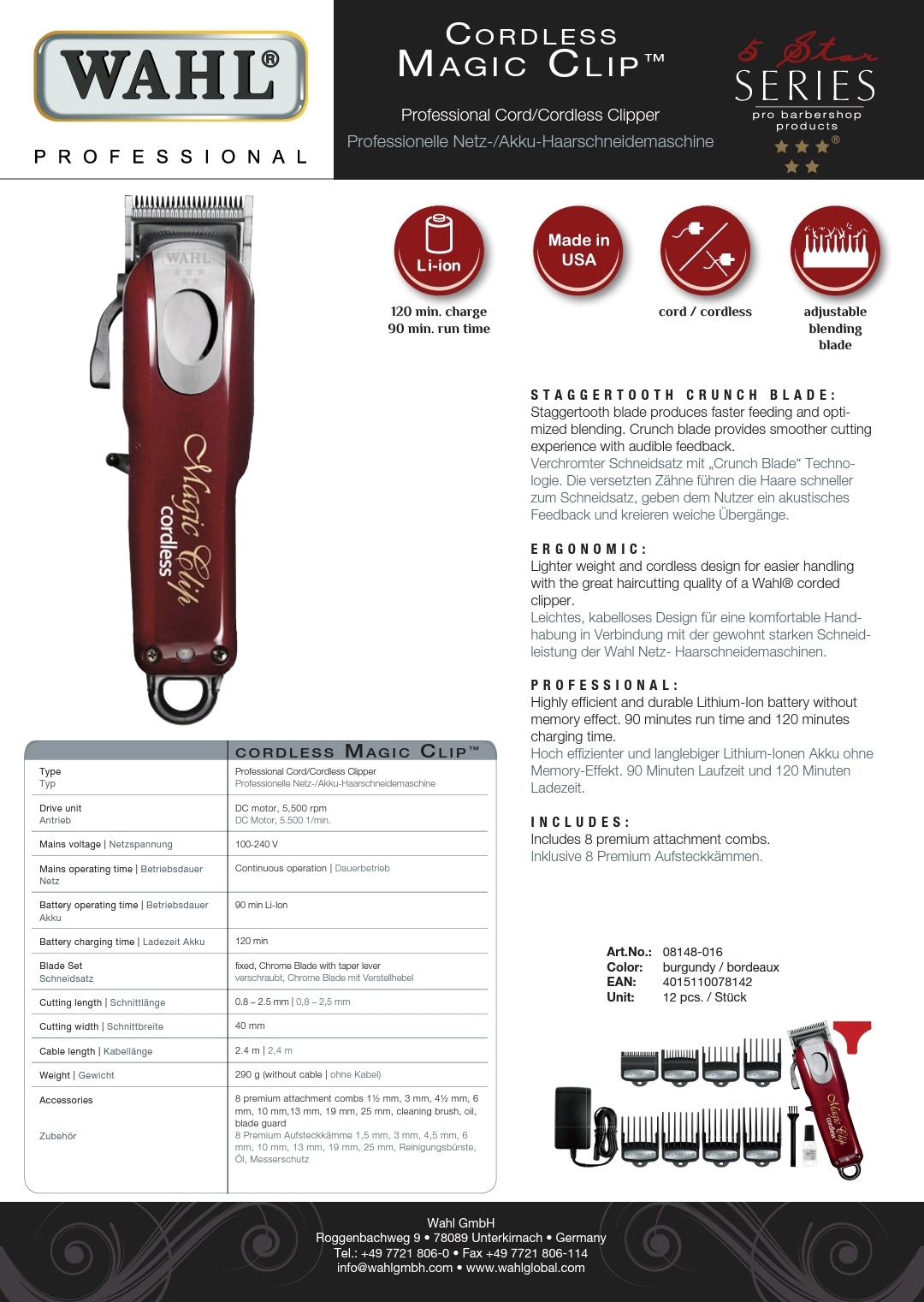 Cortador de cabelo profissional WAHL Cordless Magic Clip bordo com acessórios e estojo