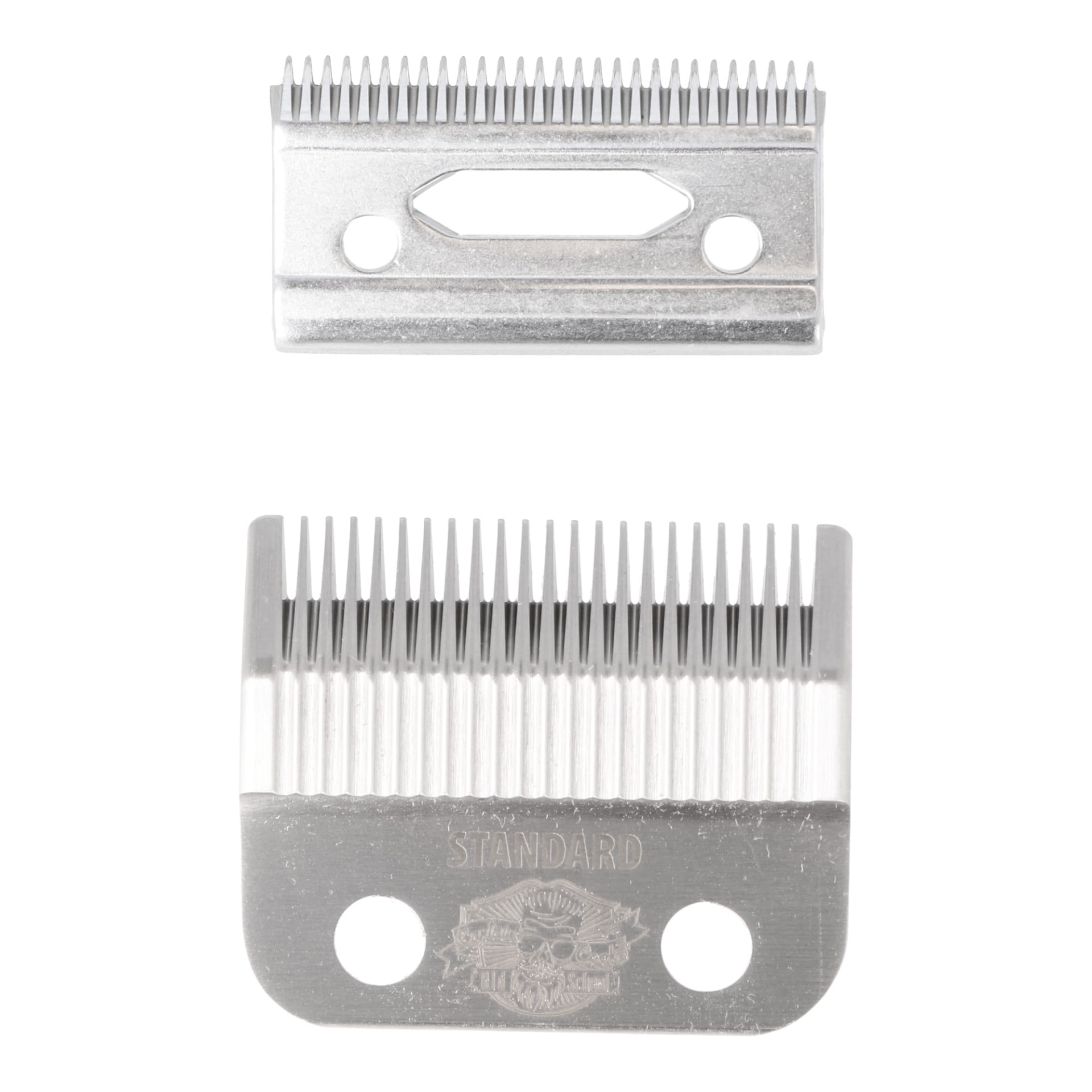 Lâminas metálicas para máquina de tosquia com dentes finos e inscrições