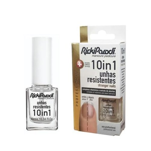 Verniz para unhas Ricki Parodi unhas resistentes 10 in 1 com embalagem branca e dourada