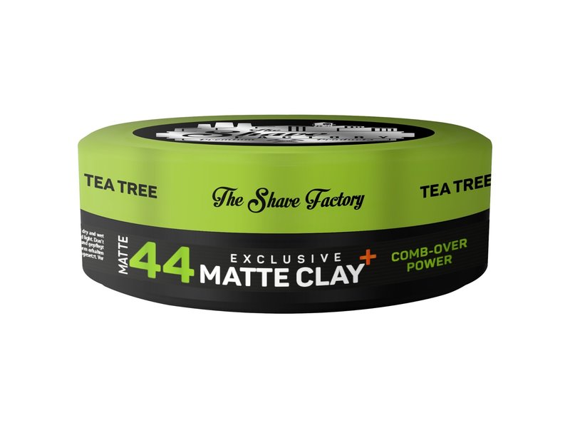 Embalagem redonda verde e preta de cera modeladora mate Tea Tree da The Shave Factory