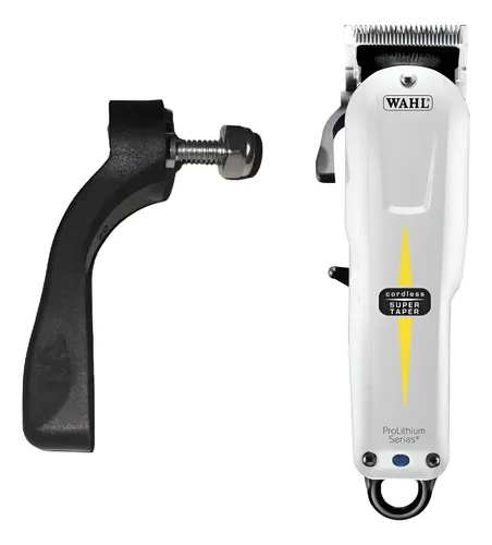 Máquina de cortar cabelo branca e acessório preto