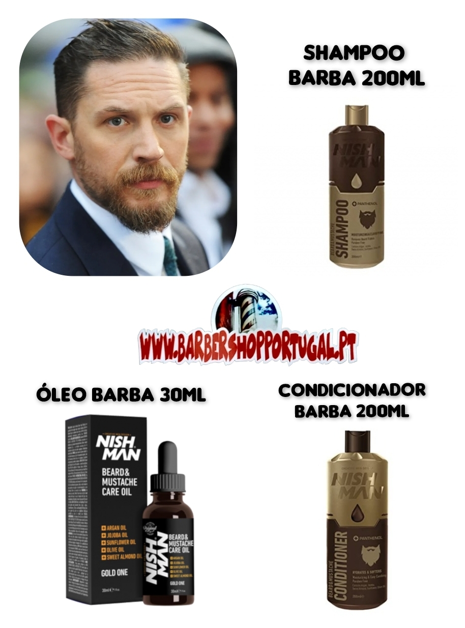 Produtos para barba Nish Man: shampoo 200ml, óleo 30ml e condicionador 200ml, com foto de homem com barba e logótipo do site