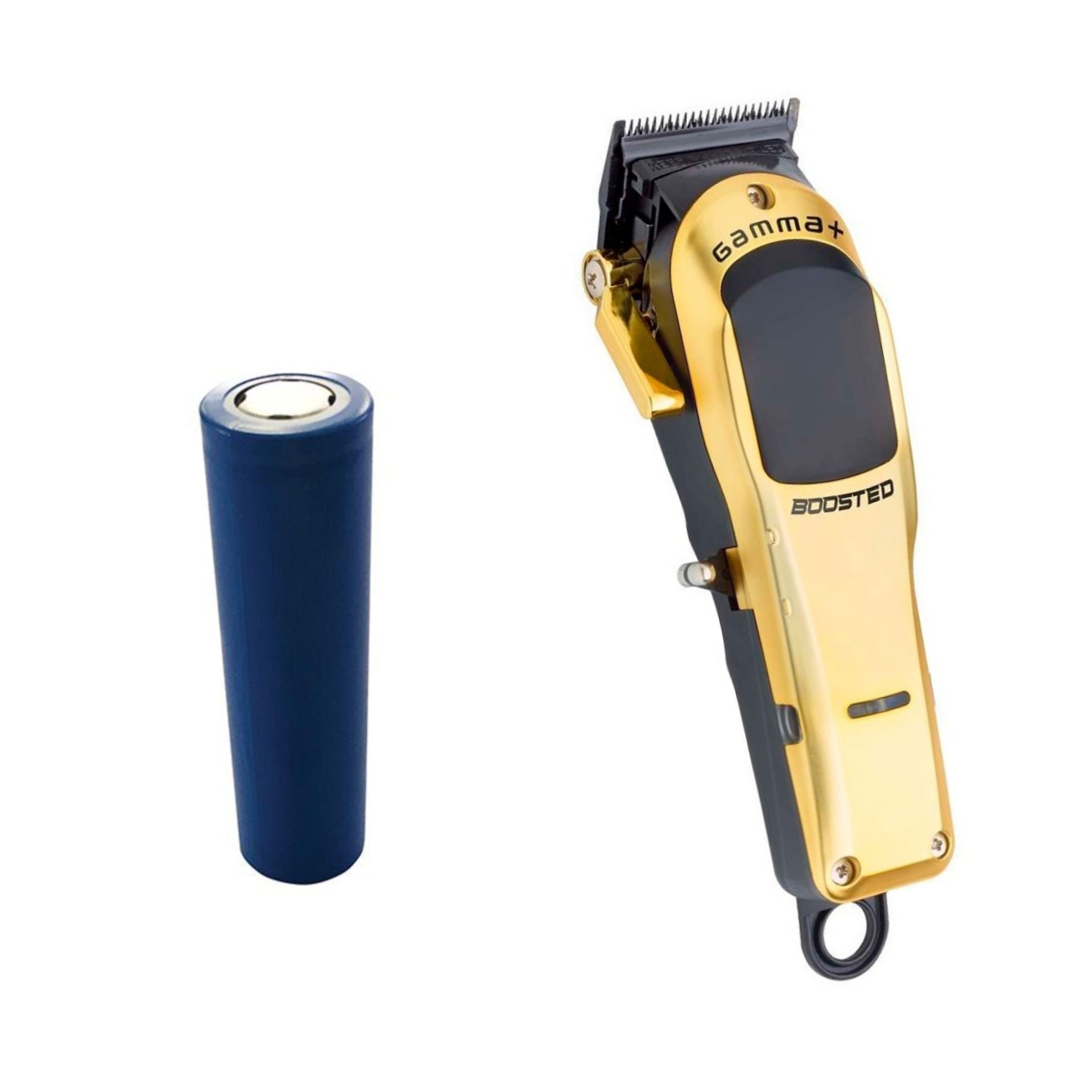 Máquina de cortar cabelo dourada com bateria azul