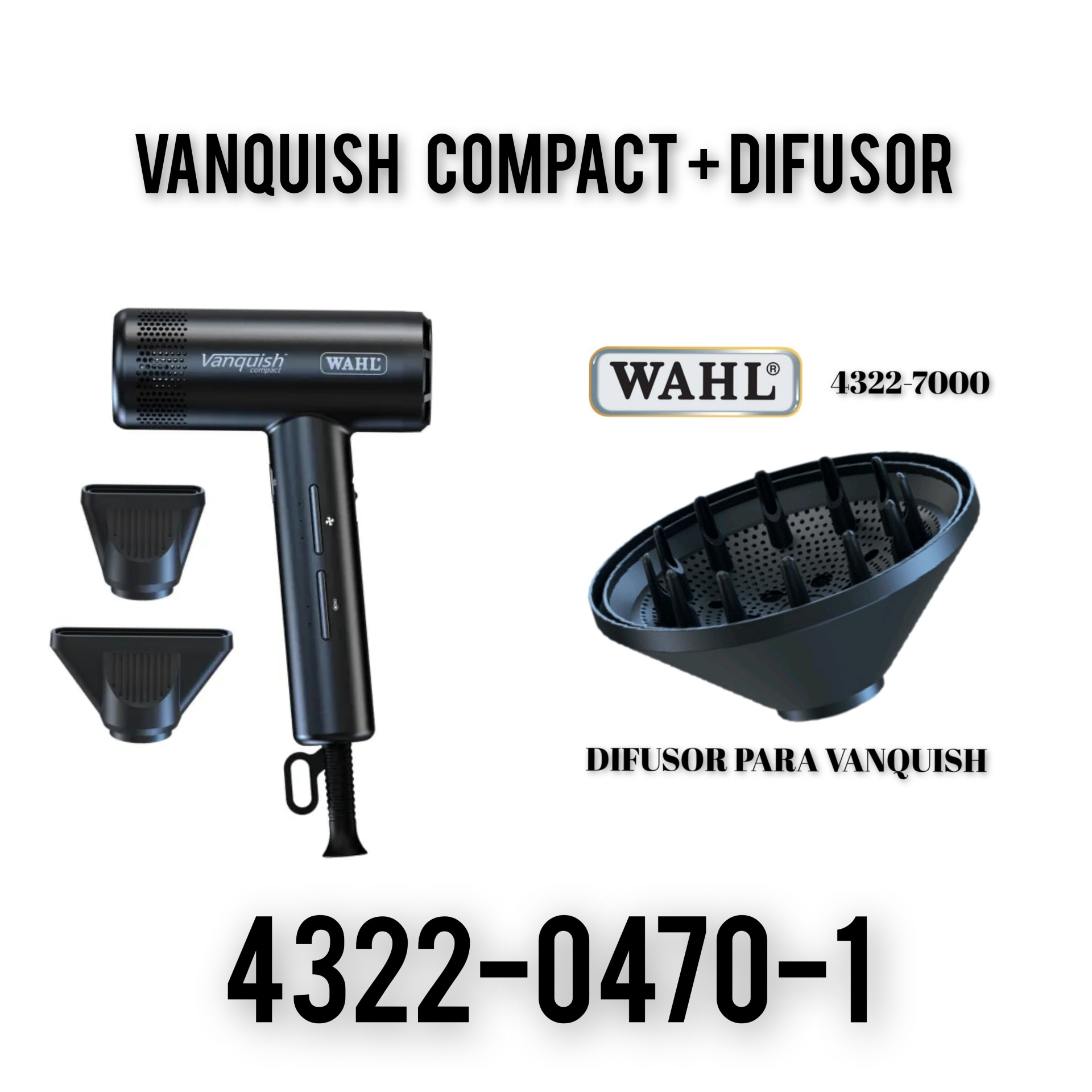 Secador de cabelo preto Vanquish Compact Wahl com bicos e difusor