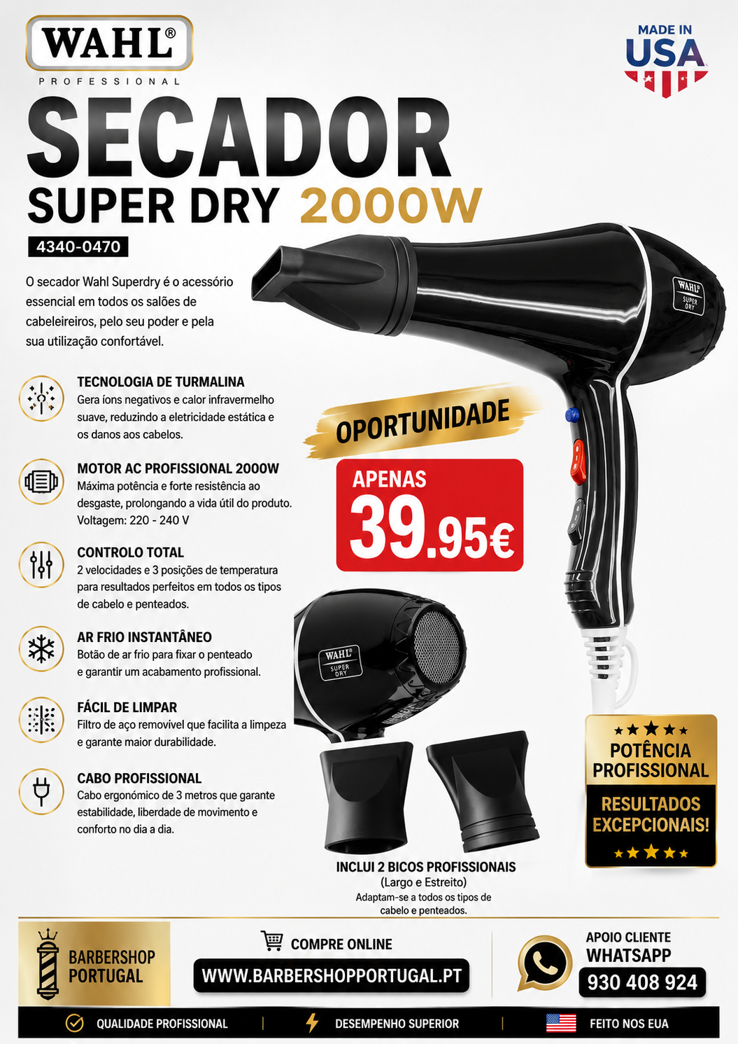 Secador de cabelo Wahl Super Dry preto 2000W com dois bicos profissionais e preço 39,95€