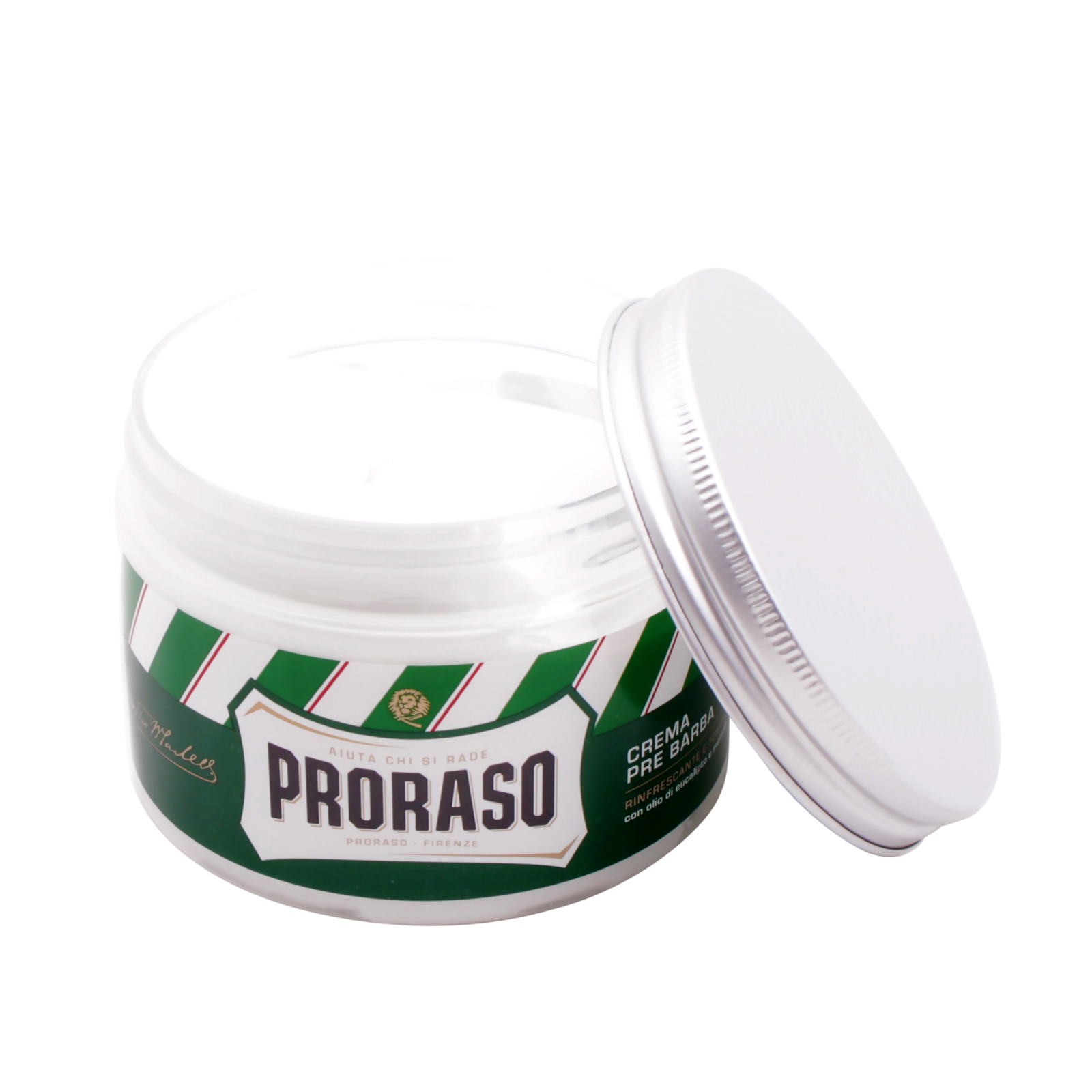 Frasco aberto de creme Proraso com tampa prateada ao lado