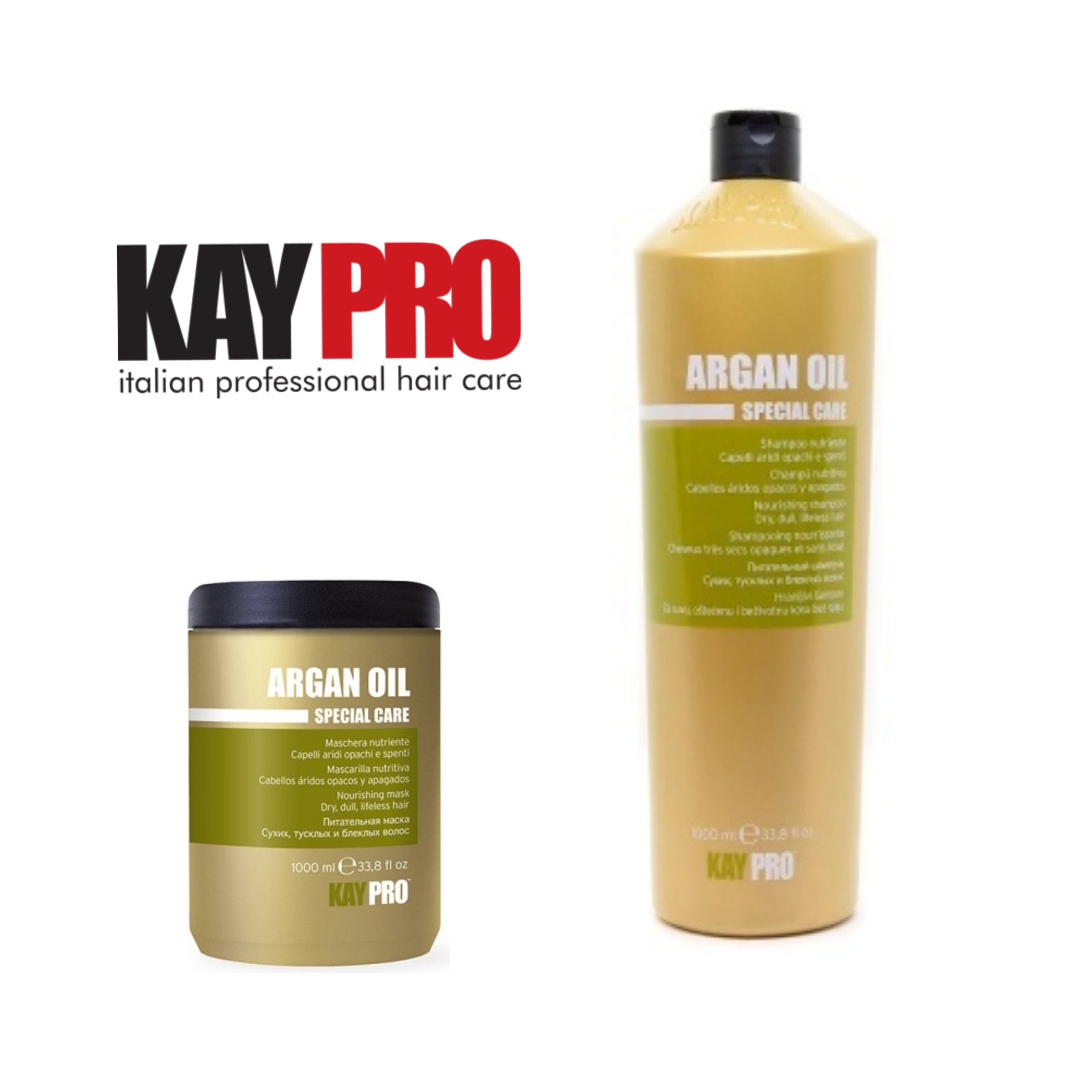 Dois frascos de Argan Oil Special Care da KAY PRO, embalagem dourada com texto branco e verde.