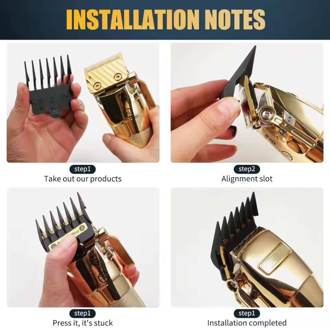 Instruções de instalação para acessório de aparador de cabelo dourado com pente preto