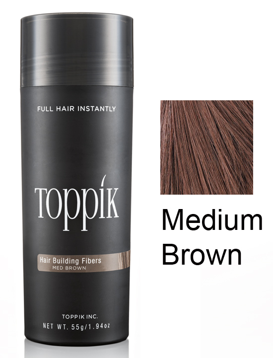 Frasco preto de Toppik Hair Building Fibers castanho-médio com amostra de cor e texto