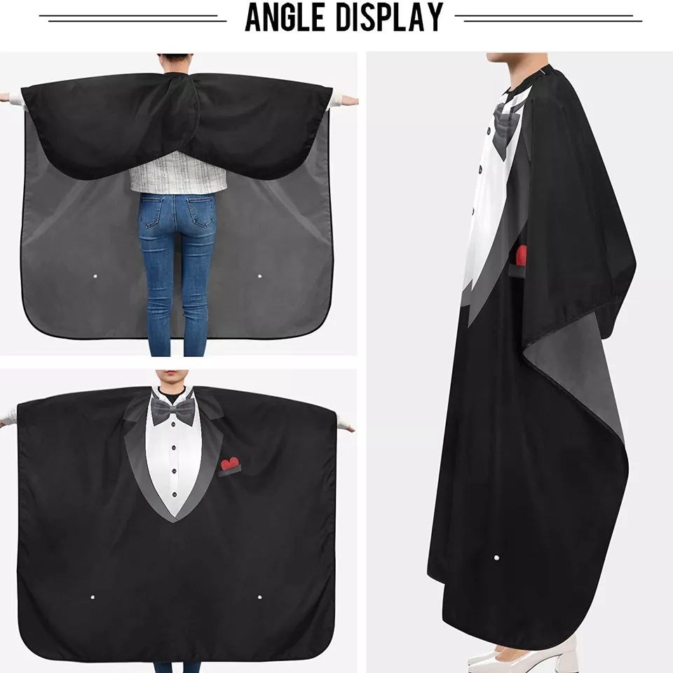 Capa preta com design de fraque branco e gravata borboleta em três ângulos