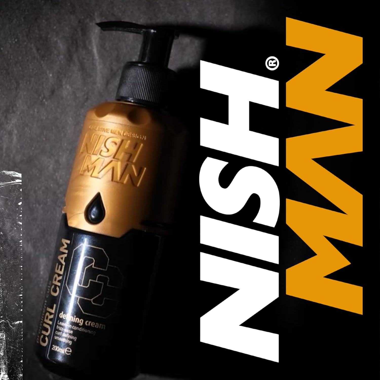 Frasco de creme para cabelo NISH MAN com doseador em fundo escuro