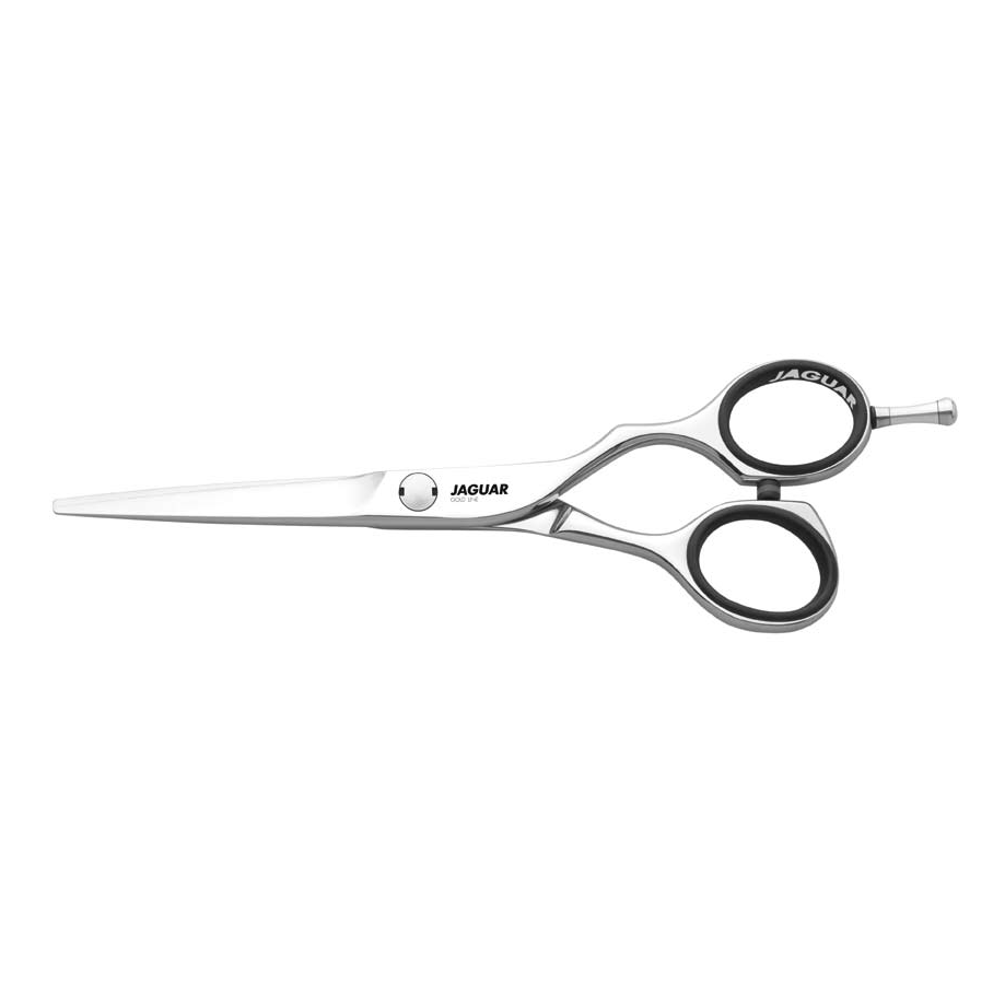 Tesoura de cabelo metálica prateada com design ergonómico e marca JAGUAR