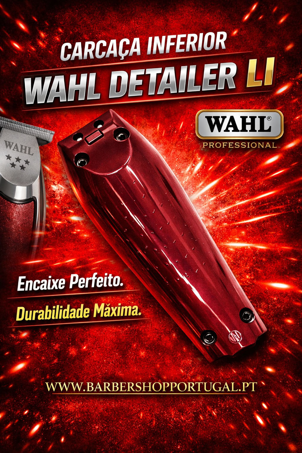 Corte inferior vermelho da máquina WAHL DETAILER LI com texto promocional e fundo vermelho com faíscas