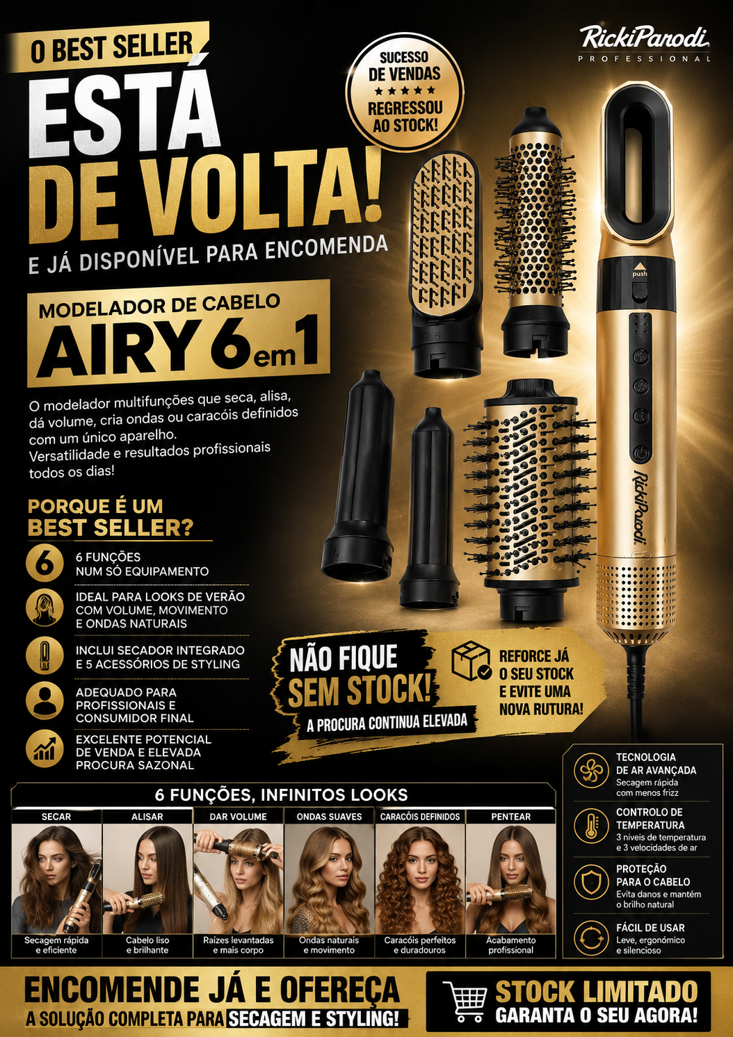 Modelador de cabelo Airy 6 em 1 dourado com acessórios, texto promocional em fundo preto e dourado.
