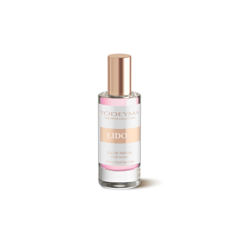 Frasco de perfume Lido Yodeyma com líquido rosa claro e tampa dourada rosada