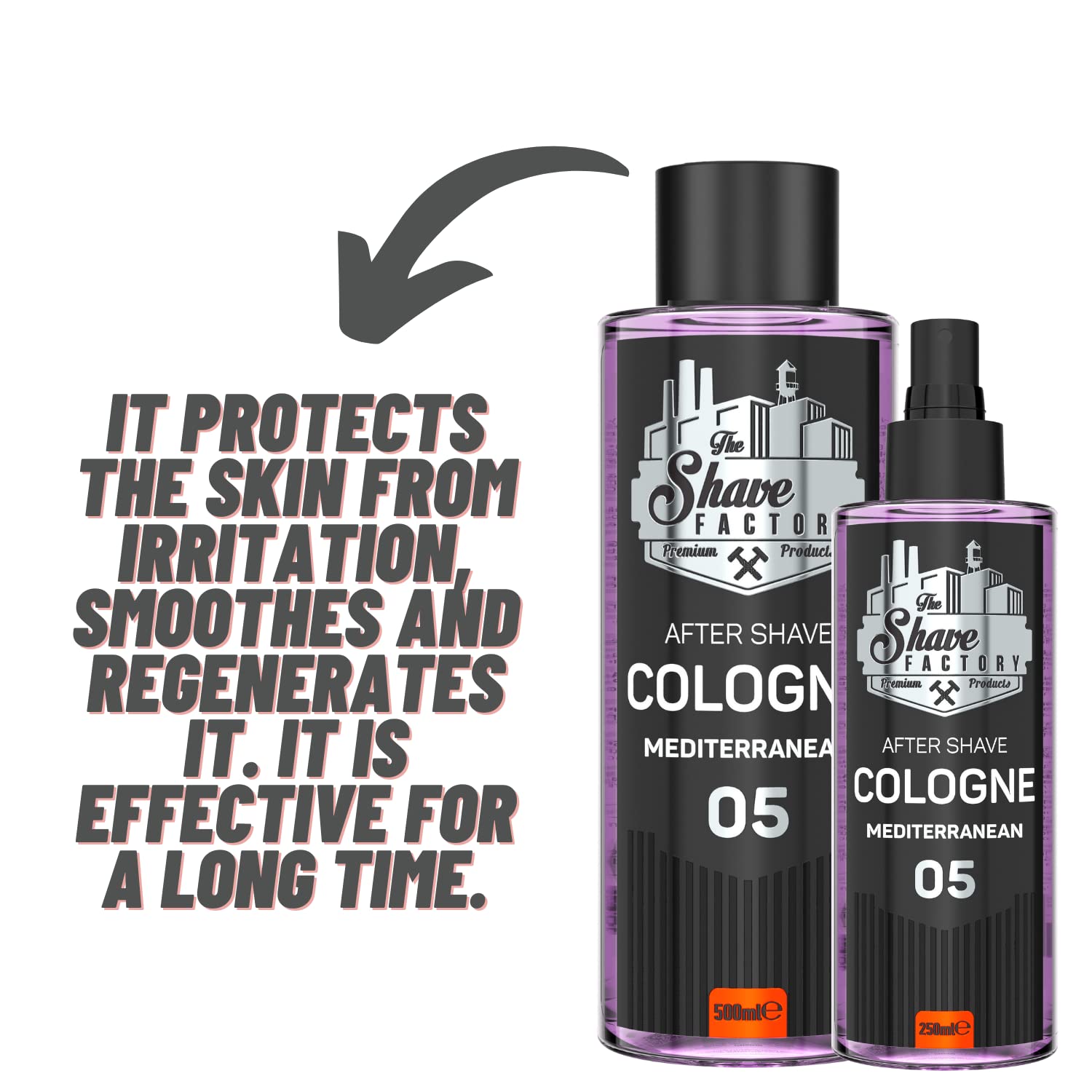 Dois frascos de After Shave Cologne Shave Factory Mediterraneanean 05, um com spray e outro com tampa preta.