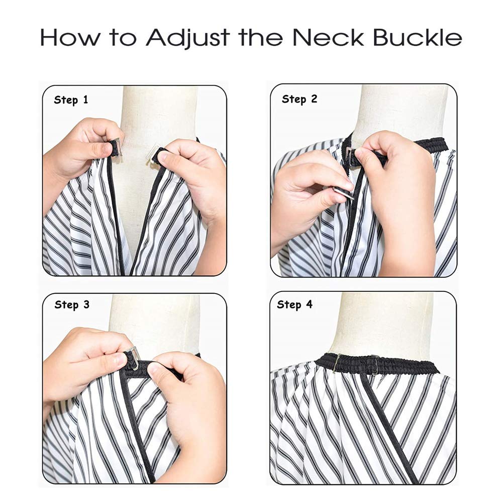 Instruções para ajustar a fivela no pescoço de peça listrada preta e branca em quatro etapas