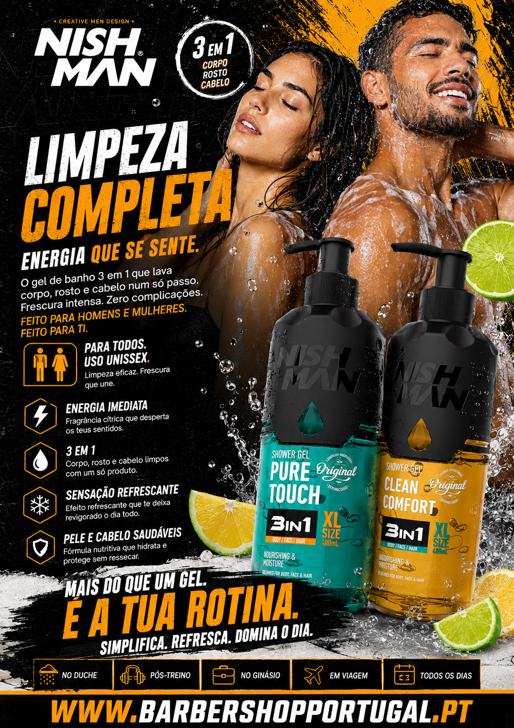 Embalagens de gel de banho 3 em 1 Nish Man azul e amarelo com modelos molhados ao fundo e fatias de limão.