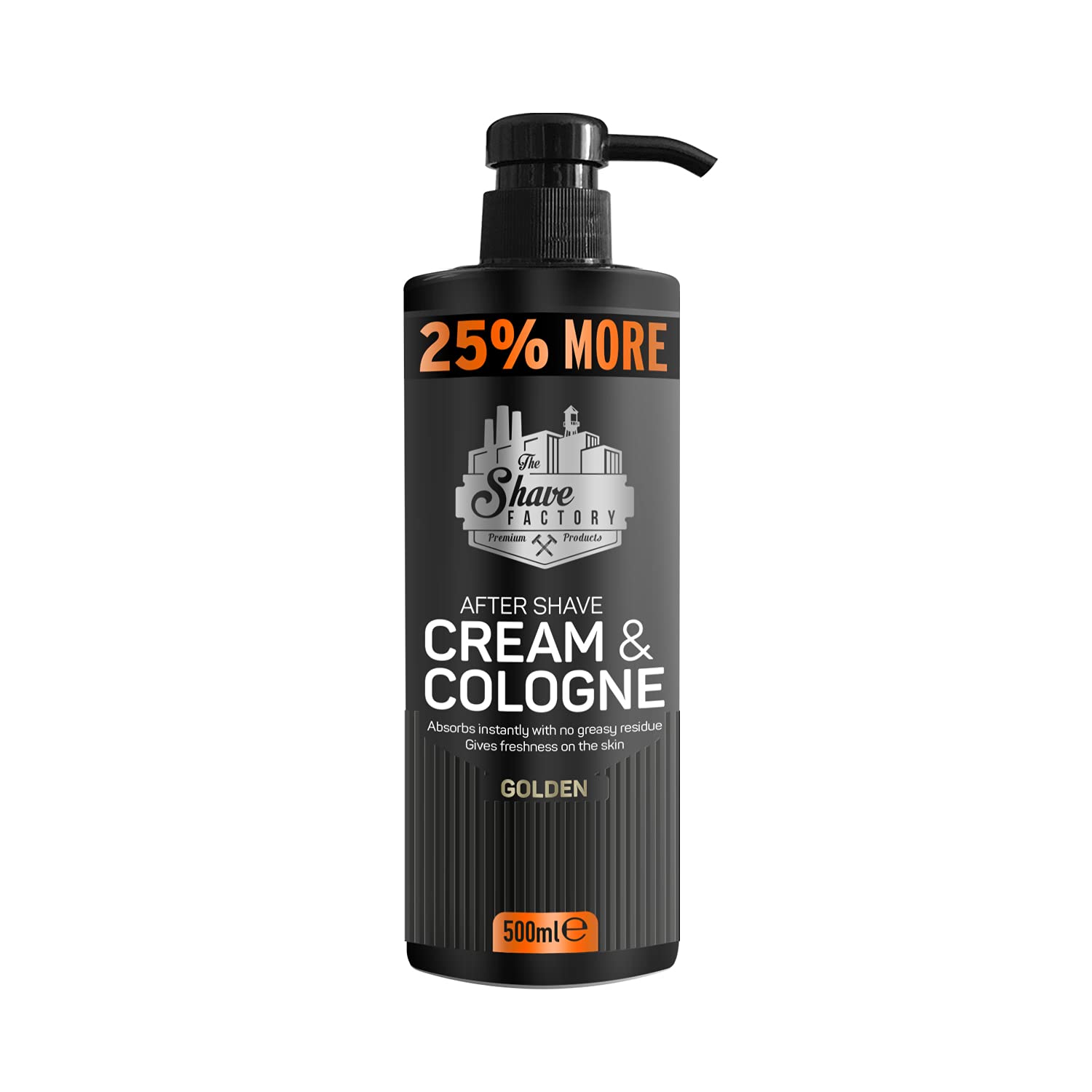 Frasco preto de After Shave Cream & Cologne com válvula e rótulo com texto em laranja e branco