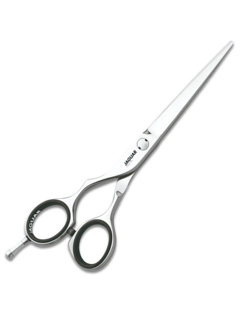 Tesoura profissional de cabelo com pega preta e lâmina prateada JAGUAR