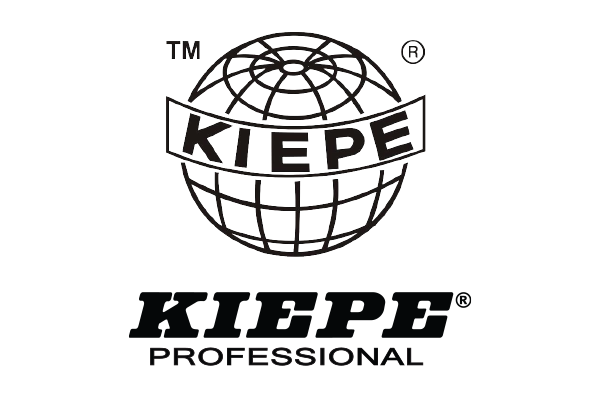 Logotipo KIEPE PROFESSIONAL com globo estilizado em preto e branco
