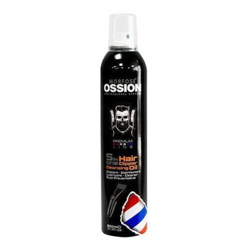 Spray preto MORFOSE OSSION 5 in 1 Hair and Clipper Cleansing Oil com tampa transparente