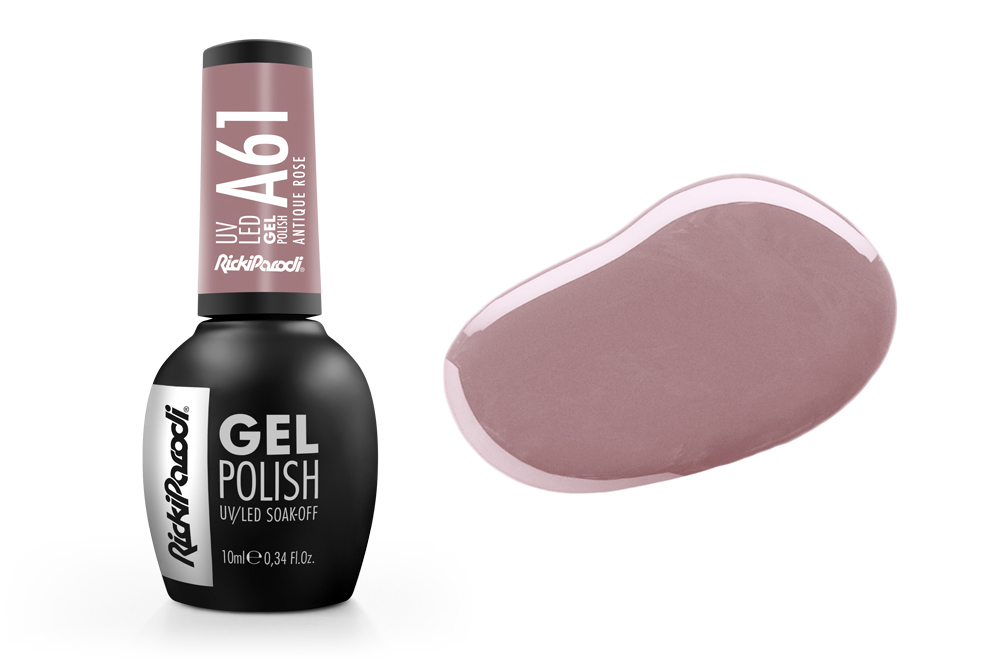 Vidro de verniz gel preto fosco com tampa rosa claro e amostra de cor rosa acastanhada