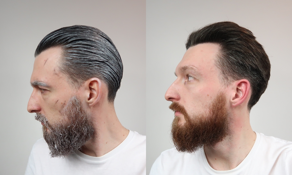 Dois perfis masculinos com barba e cabelo penteado para trás