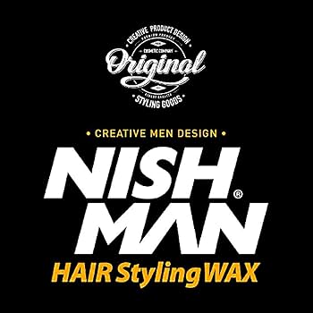 Embalagem de cera de cabelo NISHMAN em preto com texto branco e amarelo