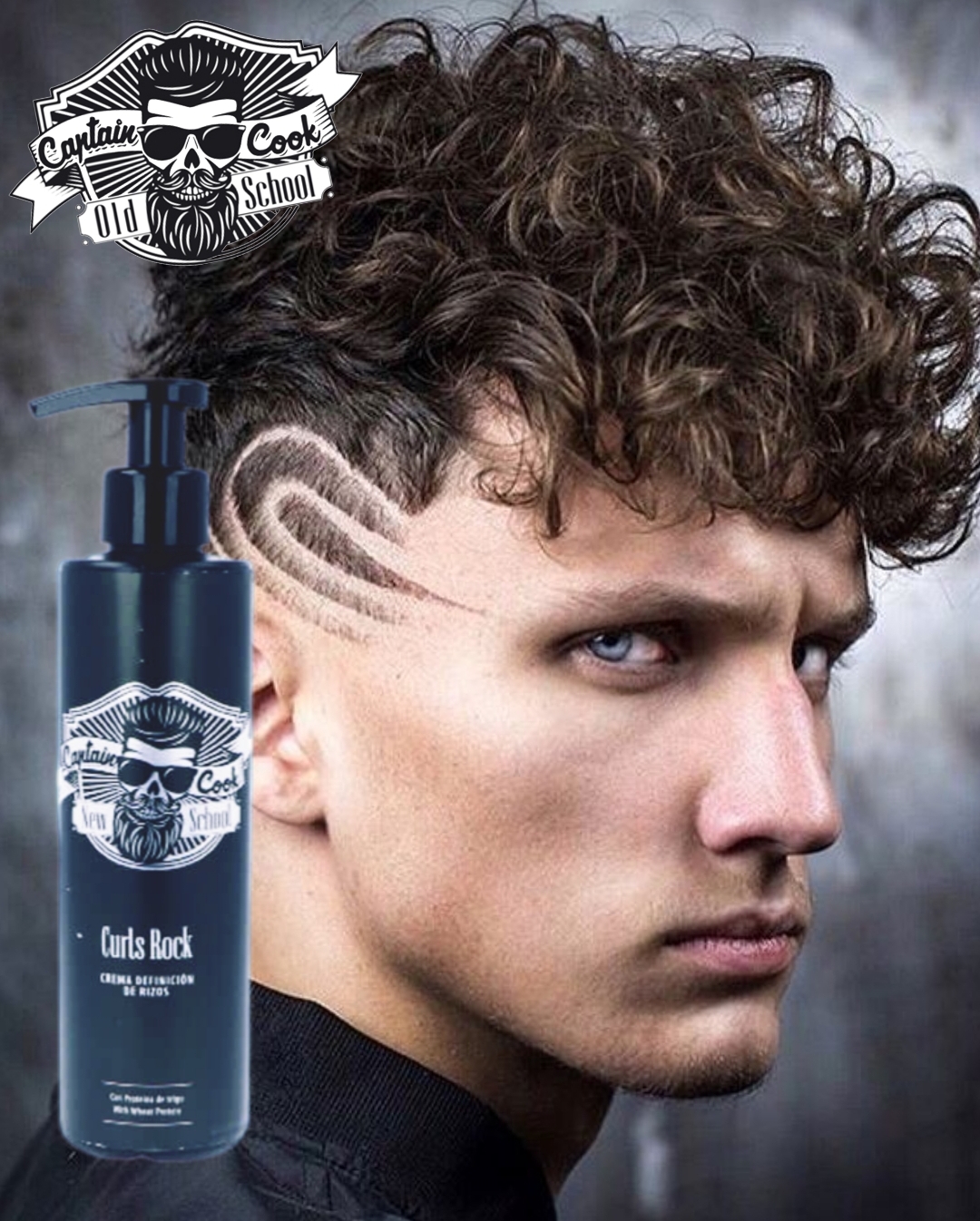 Produto modelador de cabelo Curls Rock com logótipo Captain Cook Old School e modelo com cabelo encaracolado