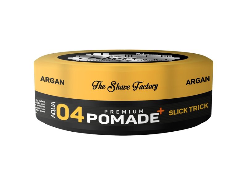 Pote amarelo e preto de pomada para cabelo The Shave Factory
