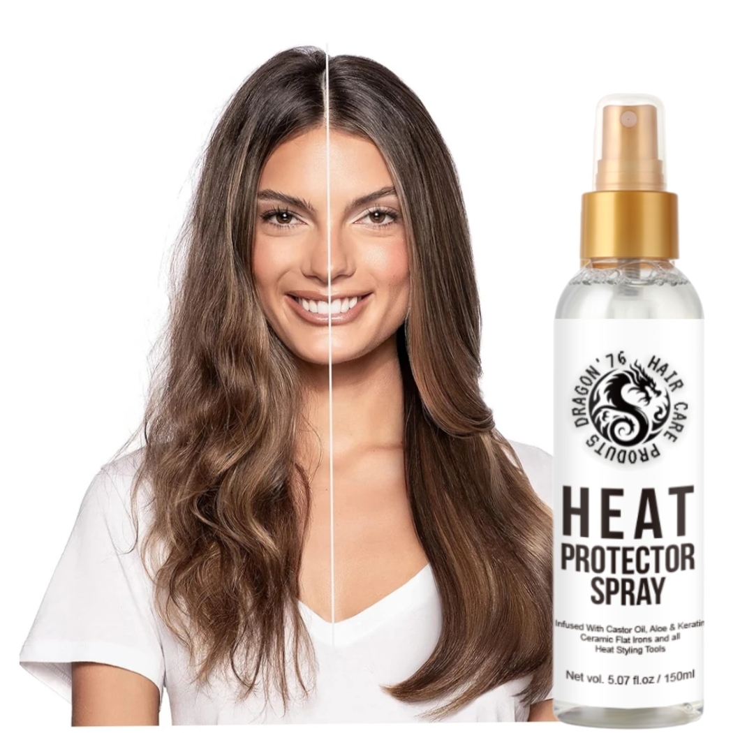 Mulher com cabelo meio encaracolado meio liso e spray para proteção de calor