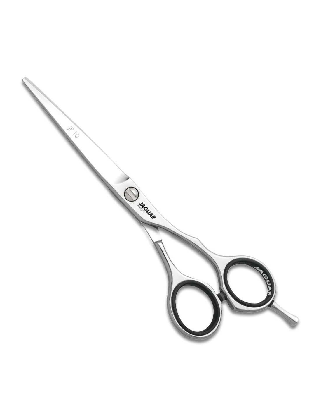 Tesoura de cabeleireiro prateada com detalhes pretos