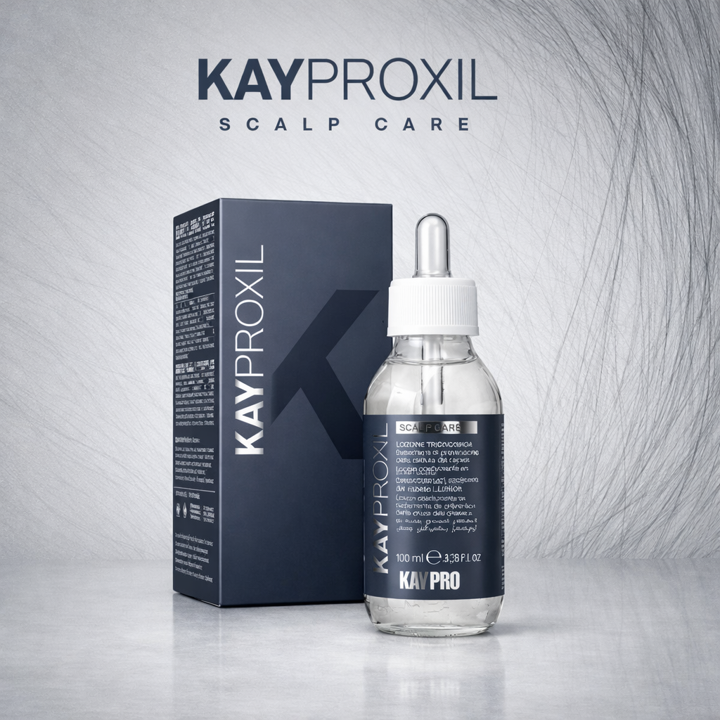 Frasco de KAYPROXIL Scalp Care com embalagem azul escuro.