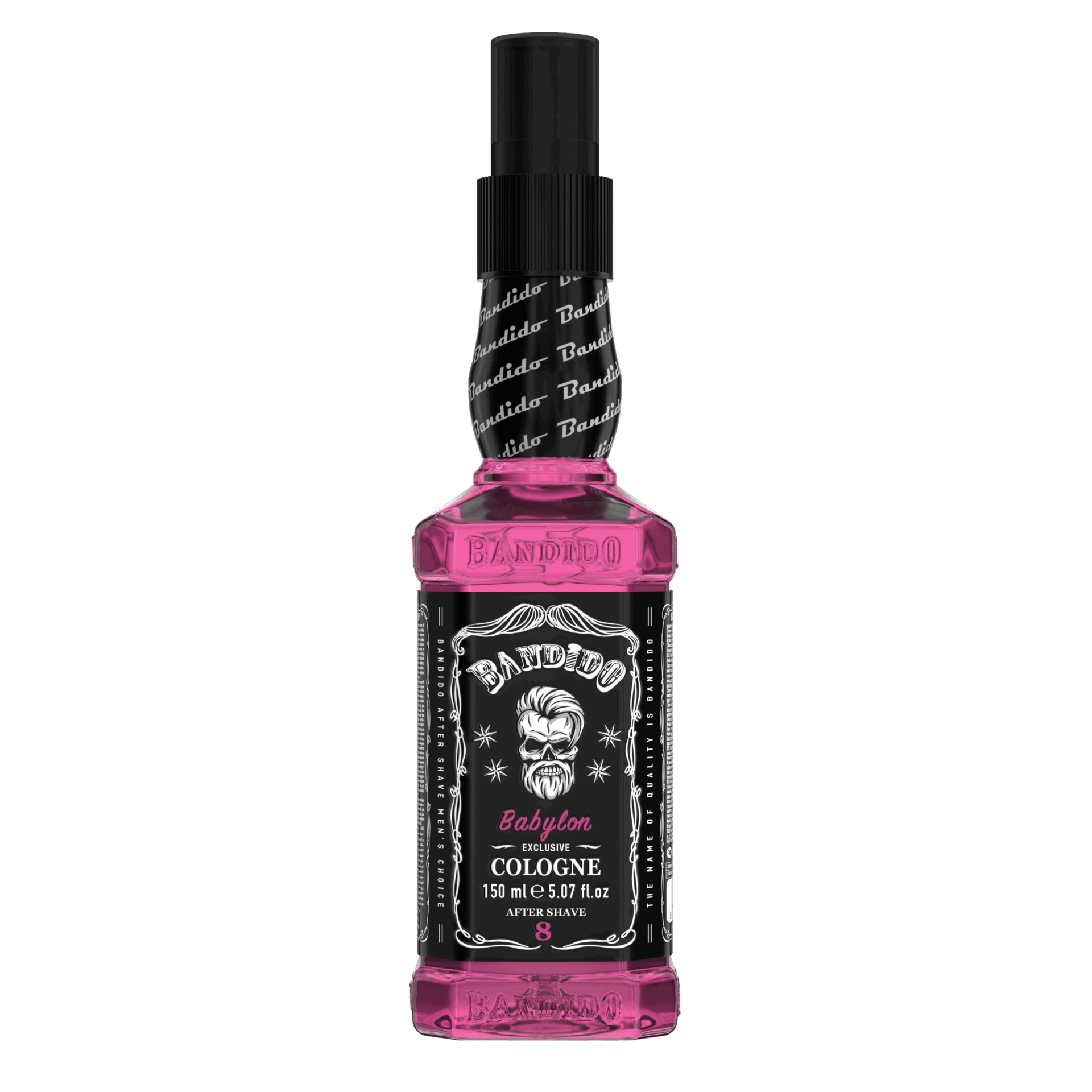 Frasco rosa de colónia Bandido Babylon com etiqueta preta e tampa preta