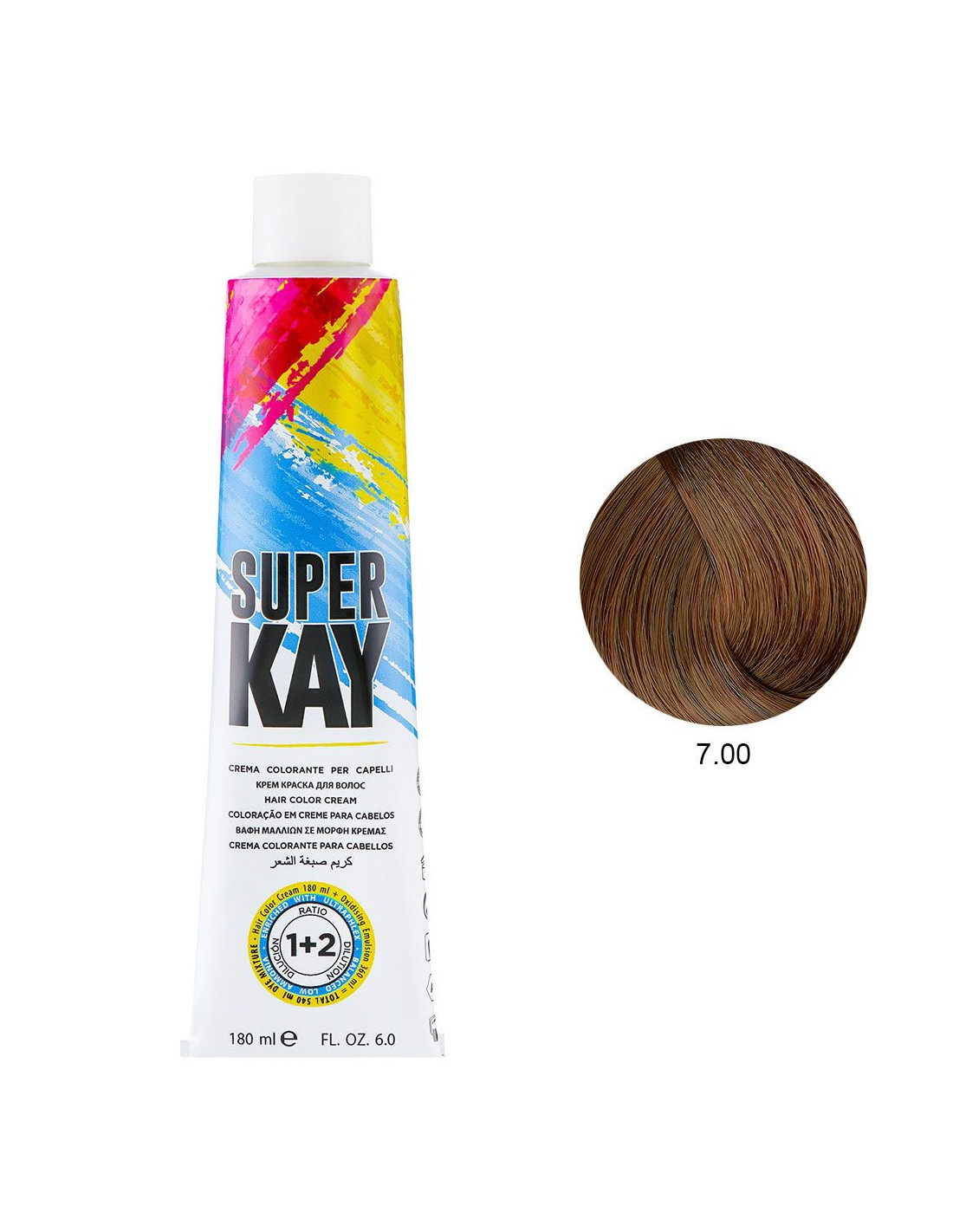Tubo de creme colorante para cabelo SUPER KAY com amostra de cor castanha 7.00