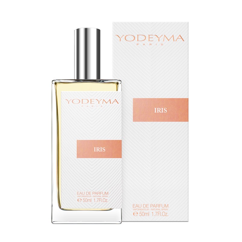 Frasco de perfume Yodeyma Iris com caixa branca e detalhes cor de salmão