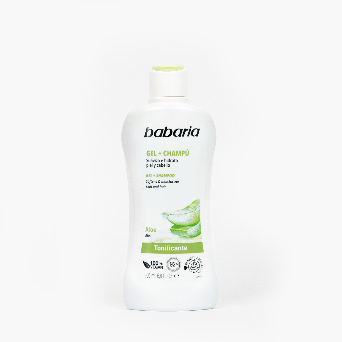 Frasco branco de Gel + Champú babaria com aloe e texto em português e inglês