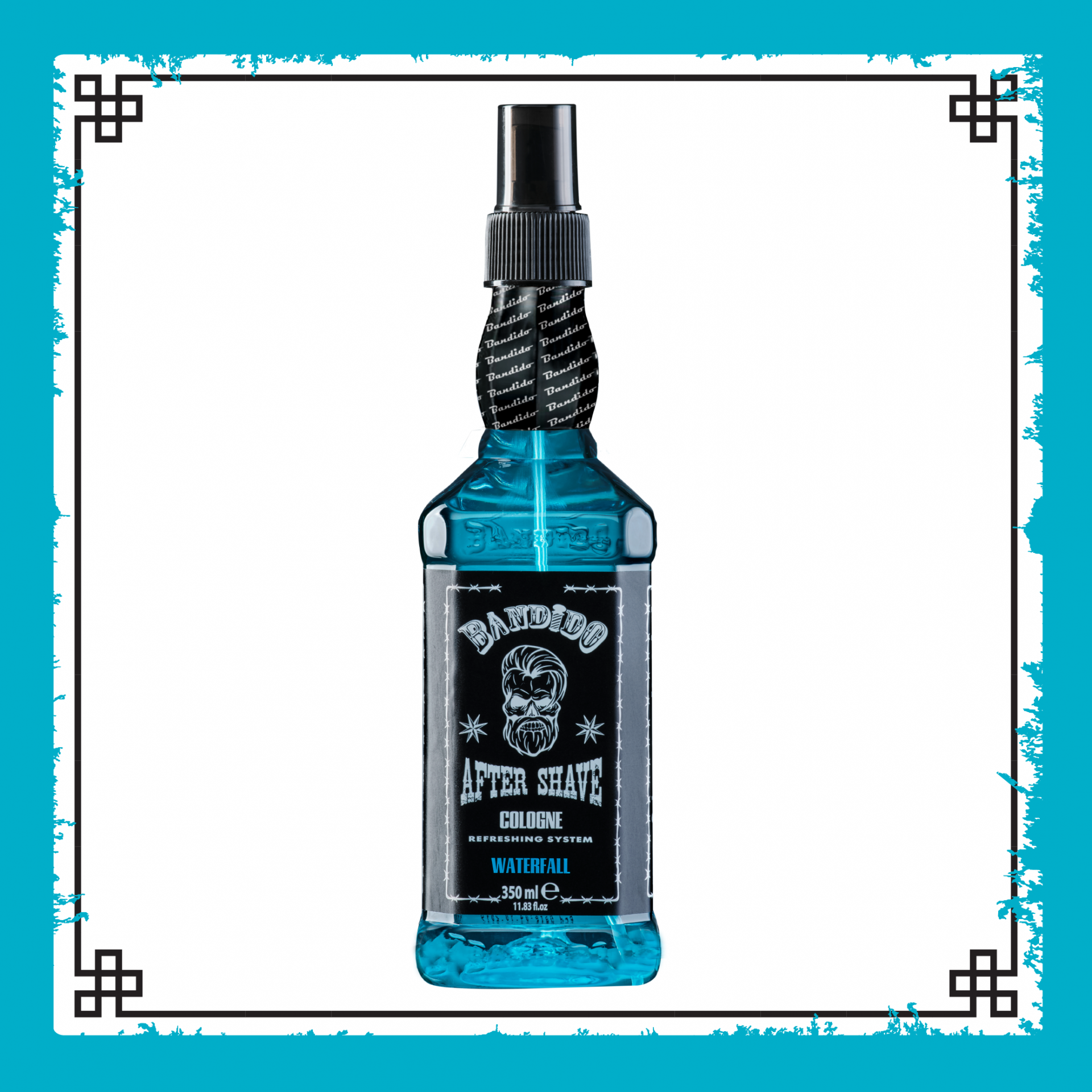 Frasco azul translúcido de after shave BAD LOO com design de caveira e spray preto