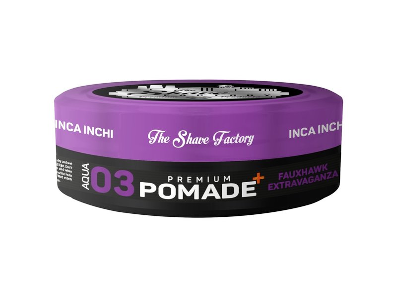 Embalagem redonda de pomada para cabelo roxa e preta da marca The Shave Factory com textos AQUA 03 POMADE FAUXHAWK EXTRAVAGANZA.