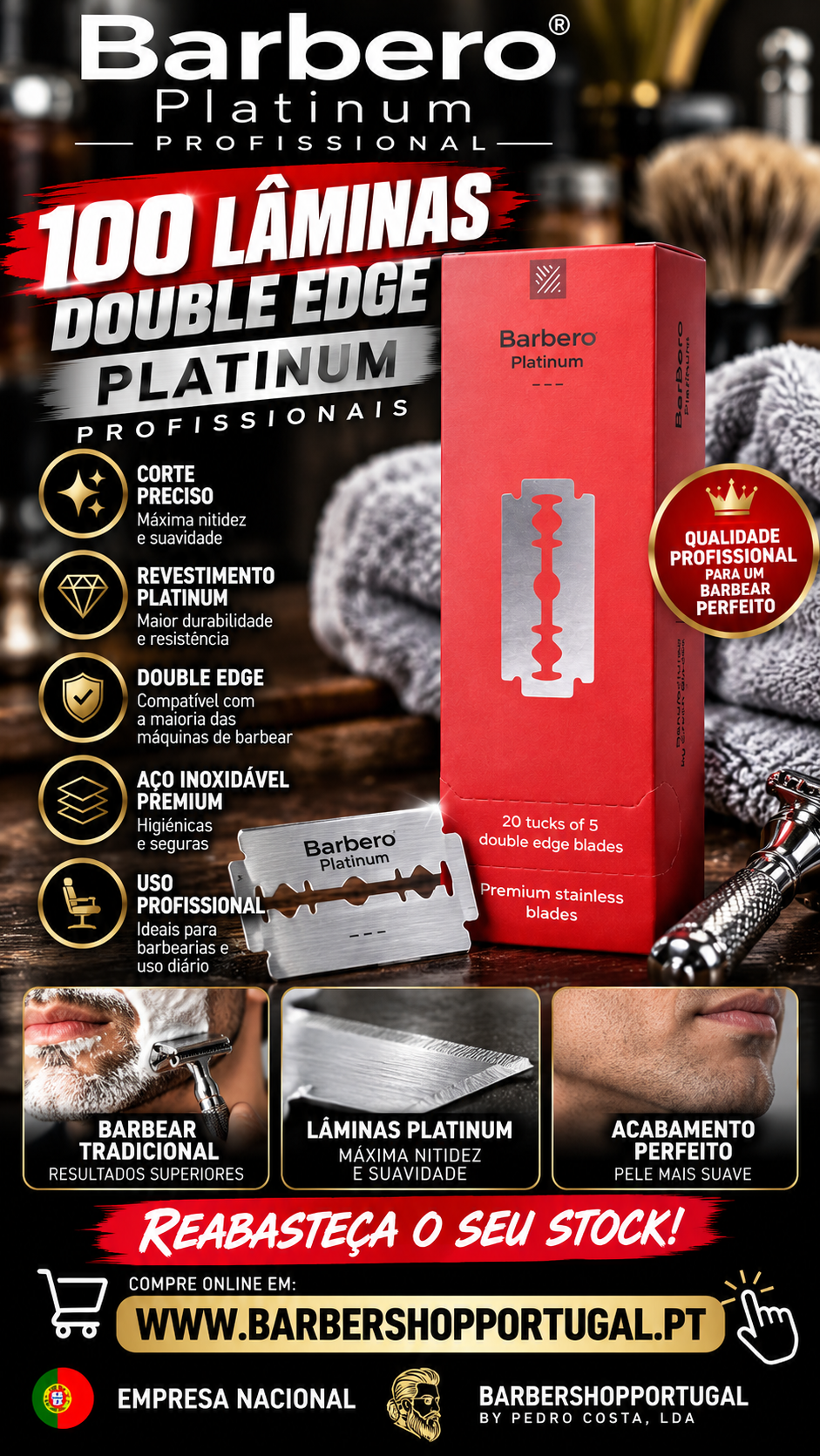 Caixa vermelha de lâminas duplas Barbero Platinum com utensílios de barbear ao fundo