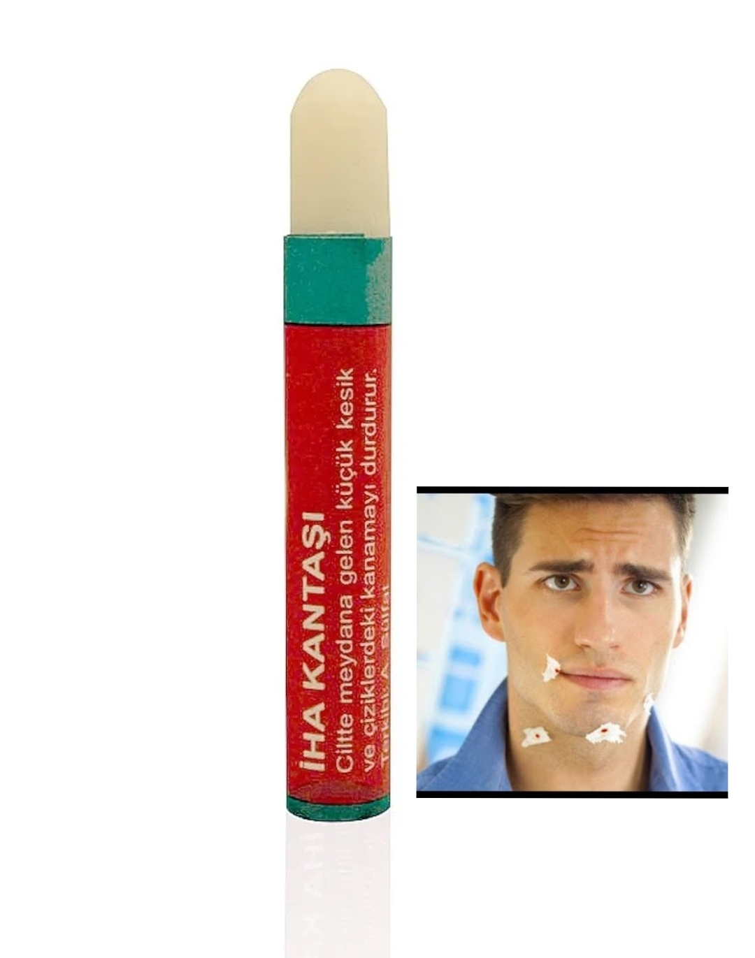 Corretor labial vermelho com tampa branca e texto em turco