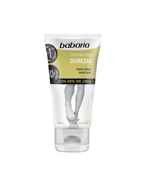 Tubo de creme para pés Babaria com detalhes verdes e texto em espanhol e inglês