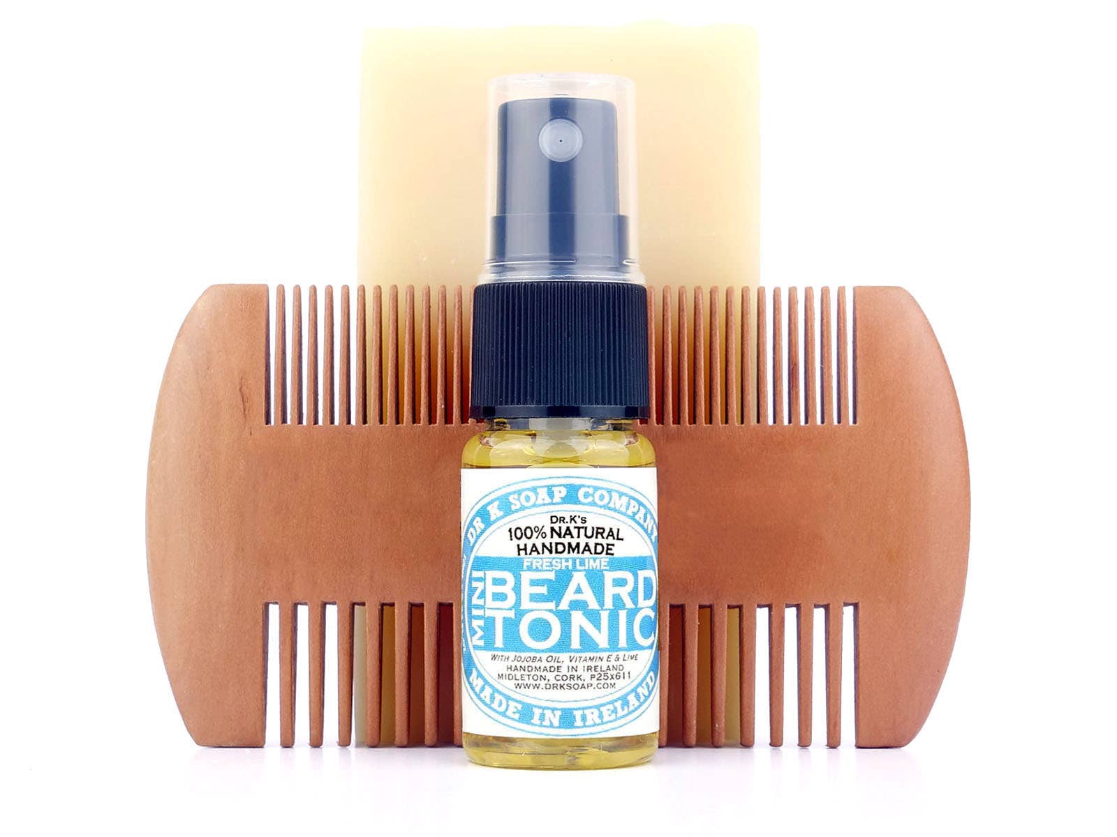 Frasco de spray de tónico para barba com dois pentes de madeira