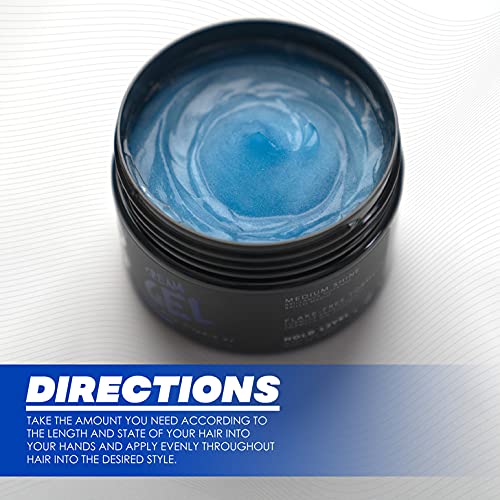 Frasco de gel capilar azul aberto com instruções em inglês