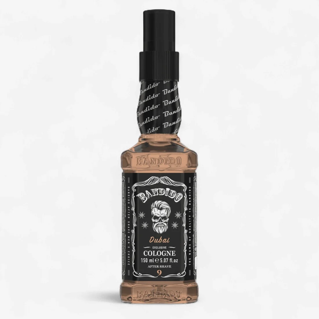 Frasco de after shave Bandido Dubai com rótulo preto e tampa preta