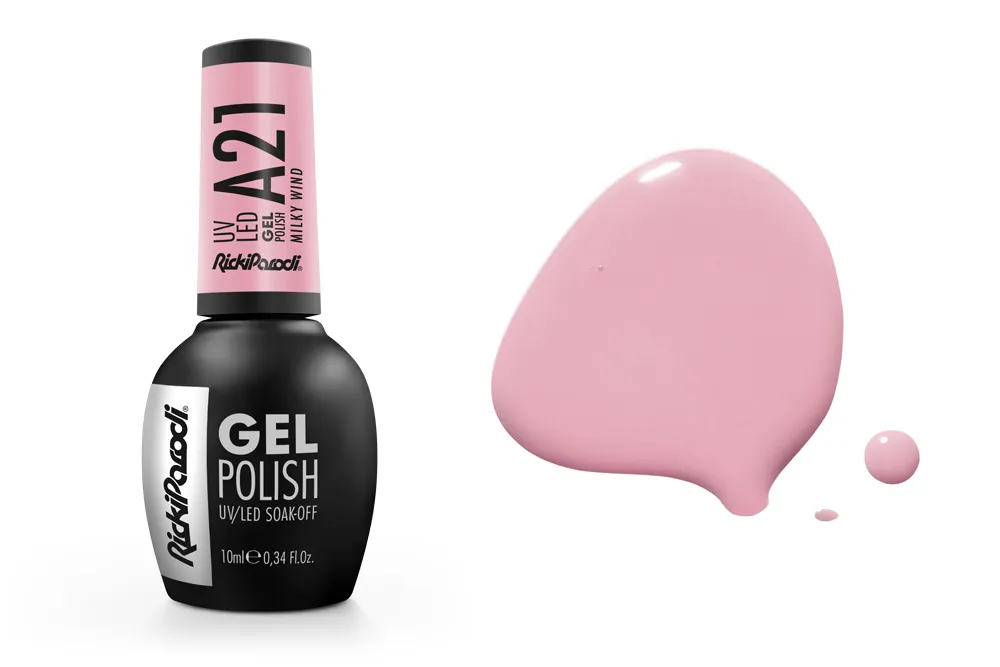 Verniz gel para unhas preto e rosa com mancha de verniz rosa clara